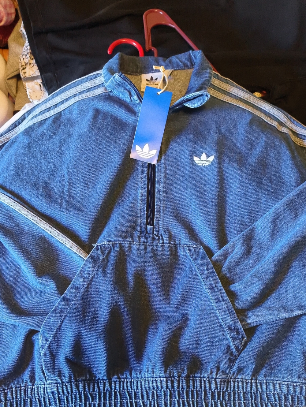 adidas Denim Quarter-Zip Pullover Jacket - Blue